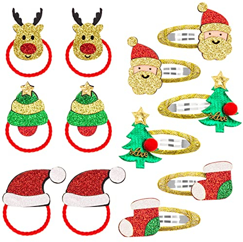 MELLIEX 12 Stück Weihnachten Haarschmuck, Xmas Glitter Haarspangen Haargummis Weihnachts Snap Haarklammern Für Mädchen Damen