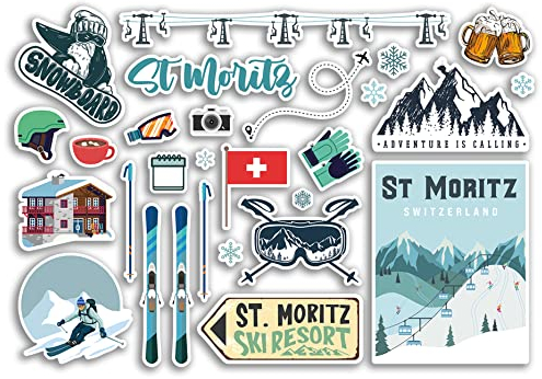 A5 Aufkleberbogen St Moritz Vinyl Aufkleber - Schweiz Schweizer Skigebiet Berge Snowboard Urlaub Flagge Reise Schnee Sport Gepäck Scrapbooking #79056