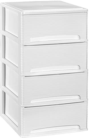COM-FORT HOUSE | Cajonera Apilable de Plástico | Modelo Lineas | Color Blanco | Modelo de 4 Cajones | Cajones de Almacenamiento Modular