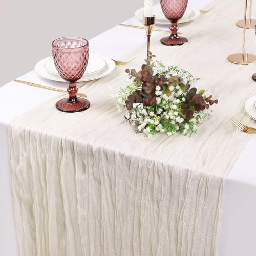 Tischläufer Beige, 90 x 400 cm Gaze-Tischläufer, Lang Romantisch Halbdurchsichtiger Stoff, Tischdecke Beige für Babyparty Tischdekoration, Geburtstagsparty, Hochzeit Tischdekorationen