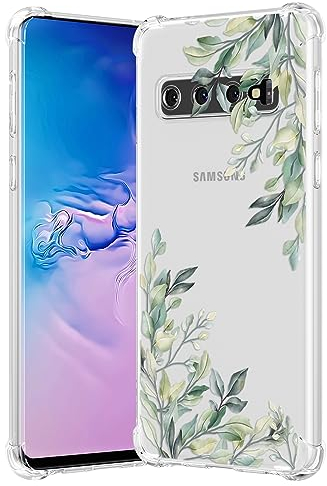 RALEAVO Kompatibel mit Samsung Galaxy S10 Handyhülle Transparent Blume Hülle Mädchen Muster Stoßfest Hülle mit Schön Motiv für Galaxy S10-Blatt