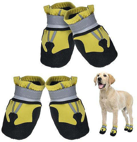 Avvrel Hundeschuhe, 4 Stück Pfotenschutz Hundestiefel rutschfeste wasserdichte Hundeschuhe mit Verstellbar Reflektierendem Riemen, Outdoor Hundeschuhe für Kleine Mittel Große Hunde (Gelbe, L)