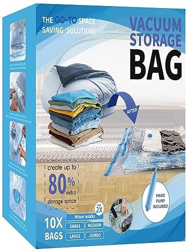 10 Pack Vacuum Storage Bags, Space Saver Bags with Hand Pump, Vacuum Seal Bags for Clothing, organization and storage Comforters, Pillows, Towel, Blanket Storage, Bedding,moving supplies.