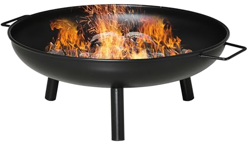 Outsunny Brasero Exterior Redondo Ø58x23 cm Cuenco de Fuego de Metal con 3 Pies y Asas de Transporte para Terraza Jardín Hogueras Leñas Negro
