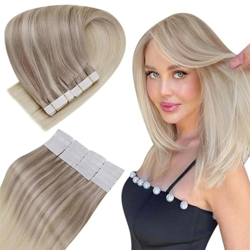 Easyouth Tape on Extensions Echthaar Remy Tape in Echthaar Extension Farbe Aschblond Mix Mittelblond und Platinblond 40 cm 40g Echthaar Tape in Extensions #18/22/60