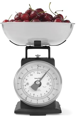 Salter Balance de Cuisine Mécanique 5kg, Balance Cuisine Sans Pile avec Bol 1L Lave-Vaisselle, Design Timeless avec Grand Cadran Facile à Lire, Balance Cuisine Traditionnelle 22cm, Noir