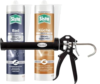 Sista Bad Profi-Qualität Sanitär Silikon, wasserfest, Manhattan (1x280ml) & Sista Küche Profi-Qualität Silikon, Transparent (1x280ml) & Pattex Profi Metall Kartuschenpistole