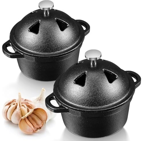 FoldTier 2 Pcs Garlic Roaster Baker Cast Iron Dutch Oven Pre-seasoned Cast Iron Pot 8 oz Mini Cocotte with Lid and Handle Small Black Potato Garlic Baker for Oven BBQ Grill Kitchen Outdoor
