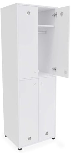 Holzspind Umkleideschrank mit 4 Türen, Spind H183xB60xT50cm, Wertsachenschrank abschließbar, Garderobenschrank 4 Schrankeinheiten, Ablagefach und Kleiderstange (Zylinderschloss, Weiß)