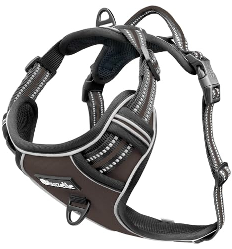 bluzelle Hundegeschirr für große Hunde, Reflektierendes Brustgeschirr mit Griff & Tasche für GPS Tracker, Anti-Zug Hundeweste Hund-Warnweste, Atmungsaktiv Reflektor-Gurte, L, Braun