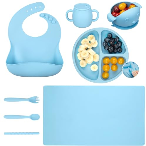 Auton Juego de platos de cocina, 7 piezas de silicona con ventosa, sin BPA, juego de platos con ventosa, babero, cuchara, tenedor, vajilla