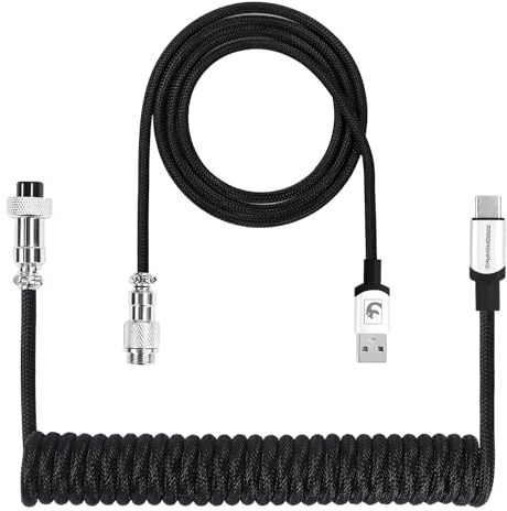ATTACK SHARK C01 PRO Coiled Keyboard Cable, Custom Coiled USB C Cable for Mechanical Gaming Keyboard,Type-C to USB-A Metal Aviator Cable,Double-Sleeved Braided Charging Keyboard Cable for Mac,PC-Black