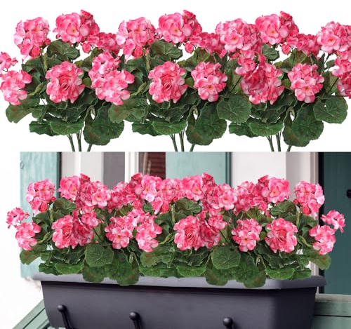 Weldomcor Künstliche Blumen, 6 Bündel im Freien und Innen Gefälschte Blumen, Geranie Blumen Dekoration Faux UV-beständige Geranienbusch für hängende Garten Veranda Fenster Box Dekor, Rosa