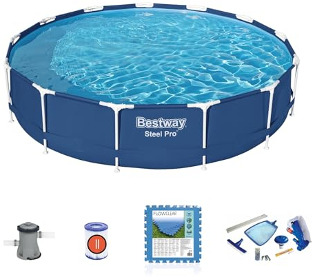 Pack Piscina Fuori Terra Bestway Steel Pro 396x84 cm con Pompa Filtro a Cartuccia 2.006 L/h, Kit di Manutenzione e Tappetino