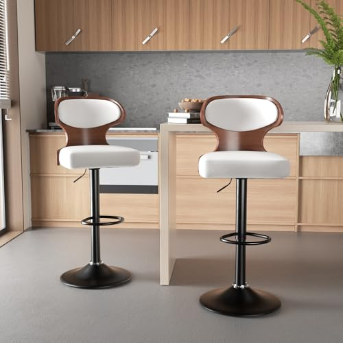 Hawthyhome Barhocker 2er Set |Barstuhl Tresenhocker Bistrohocker •360° Drehstuhl •Küchenstühle mit Rückenlehne und Fußstütze •Stuhl mit Armlehnen •Lobby Tresen Küche Hausbar •Weiß Nussbaumholz