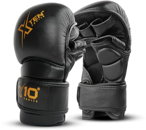 MMA Gloves Real Leather, Sparring Grappling, Open Palm Martial Arts Mitts Men Women, Adjustable Wrist Support, Cage Fighting Combat Sports Boxing Training, Muay Thai, Kickboxing