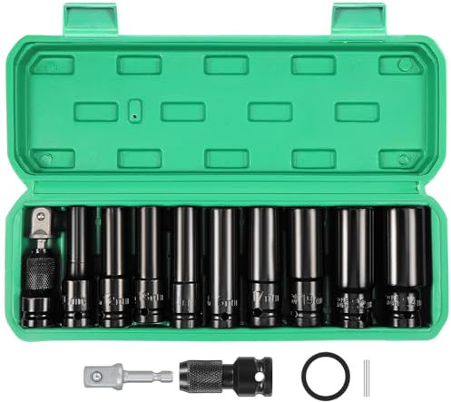 HSEAMALL 11 PCS Deep Socket Set 1/2 Inch Impact Socket Set 10-24 mm Hex Long Sockets Set with Socket Adapter and Extension Rod Car Large Torque Wrench for Drill, Ratchet,for Car Repairs Tyre Change