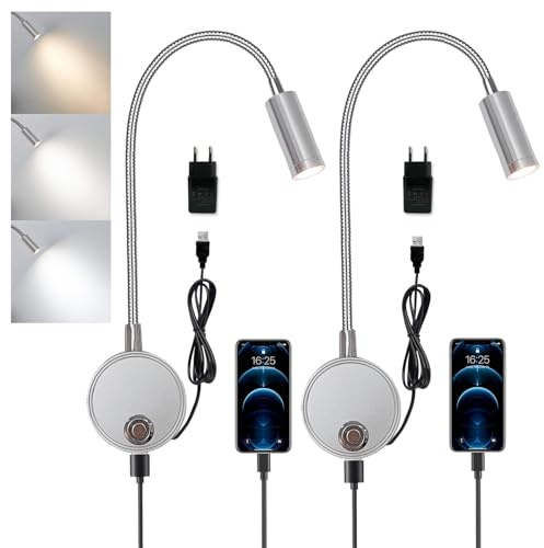 2 Stück Leselampe Wandmontage Dimmbar, Wandleuchte Bettlampe mit Touch Schalter und USB Ladeanschluss 360° Flexible Schwanenhals Lampe 3W LED Leseleuchte Wand Bettlampe für Schlafzimmer mit EU-Adapter
