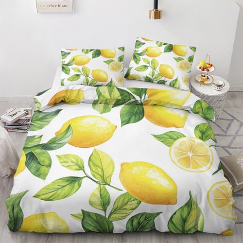 Generisch Zitrone Bettwäsche 135x200cm, Frucht Obst Blatt Bettwäsche-Sets 2 Teilig, Bettbezug + 1 Kissenbezüge 80x80cm Weich Mikrofaser mit Reißverschluss 21D&-9