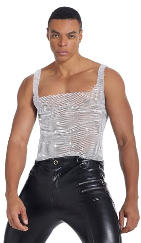 OhMill Débardeur en Résille à Strass pour Hommes Gilet Transparent Plein de Strass T-Shirt Sexy Slim sans Manches Hommes pour Fête Night-Club Mardi Gras Top