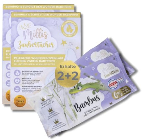 Millis Set iniziale – 2 x 25 panni magici + 2 x 60 salviettine umidificate – cura delicata per la pelle sensibile del bambino – ideale per dermatite da pannolino – senza additivi irritanti – per il