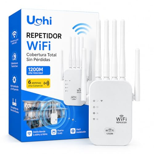 2026 Nuevo Repetidor WiFi 1200 Mbps, Amplificador de Señal WiFi de Largo Alcance 2,4 y 5 GHz con 6 Antenas, Extender up to 120 m2, Configuración Sencilla de WPS, para Hogar y Oficina Pequeña (1200M)