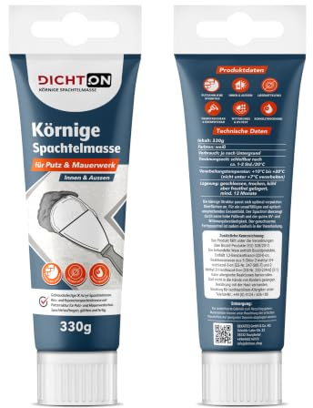 Körnige Spachtelmasse Fertigspachtel 330g in Tube für Putz & Mauerwerk, Strukturspachtel innen & außen, Putzstruktur Wandspachtel Reparaturspachtel gebrauchsfertig - DICHTON D.62W
