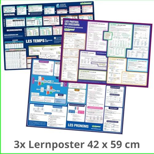 mindmemo Lernposter 3er Set - Französische Zeiten + Wortarten + Pronomen DIN A2 42x59 cm Grammatik lernen Grundwissen Lernhilfe: Französisch lernen ... DIN A2 42x59 cm PremiumEdition in Schutzröhre