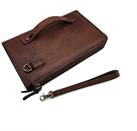 LETEULO Borsa da polso da uomo in vera pelle portamonete borsa da viaggio con frizione Caffè