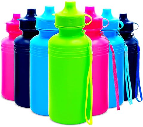 4E's Novelty Bulk Water Sports Bottles for Kids 18 oz - 12 Pack Squeeze Reusable Plastic, Neon Colors, BPA Free, Kids Water Bottles Party Favor Gift Giveaways, End of Year Student Gifts from Teacher