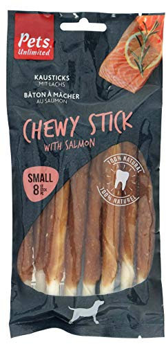 Rosewood Chewy Sticks Lachs Small – Kaustangen für Hunde mit Lachs, Rinderhautsnack, Rohhautsnack, unterstützt die Zahnpflege, ohne Getreide und Gluten, ohne künstliche Zusatzstoffe, 72 g