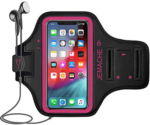 iPhone 16 15 Pro Max/Plus Armband, JEMACHE Gym Sport Workout Running Arm Band Holder for iPhone 16/15/14/13/12 Pro Max & Plus (Rosy)