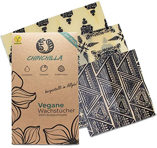 Chinchilla® 3er-Pack Vegane Wachstücher | Plastikfreie Alternative zu Frischhaltefolie, Gefrierbeutel, Alufolie | Wiederverwendbar & Nachhaltig | Vegane Bienenwachstücher | Wax Wrap