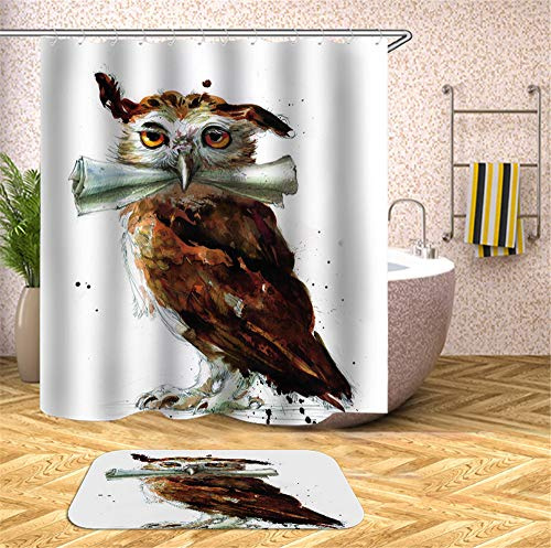 Chickwin Chickw1 Duschvorhang mit 12 Ringe, Polyestergewebe Wasserdicht Anti-Schimmel Maschinenwaschbar Duschvorhang Bad Vorhang für Badewanne Duschen Badezimmer Dekorative (Weiße Eule,150x180cm)