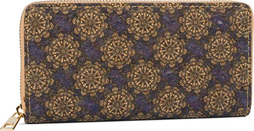 styleBREAKER Damen Geldbörse aus Kork mit Buntem Muster Print im Ethno Look, Reißverschluss, Portemonnaie 02040138, Farbe:Violett-Schwarz