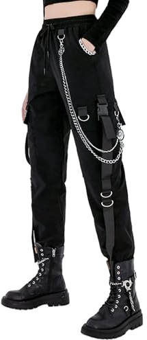 MEINVQIAOTI Pantalon Cargo Noir pour Femme Techwear Ample Style Rock décontracté avec chaîne Style Gothique, Noir, Taille M
