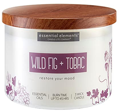 Candle Lite Essential Elements Duftkerze im Glas | Wild Fig & Tobac | Duftkerze Tabak | 3 Docht Kerze | Kerzen lange Brenndauer (45h) | Große Kerze (418g)