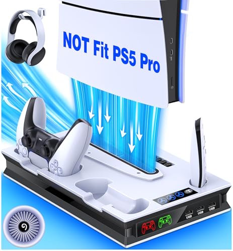 EXTREMECOOL PS5 Stand with 2 Cooling Fan,Dual Fast PS5 Controller Charging Station with 3 Extra USB Ports,PS5 Cooling Station Accessories Vertical Stand for Sony Playstation 5 Dualsense/Digital/Disc