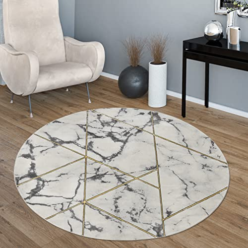 Paco Home Teppich Wohnzimmer Kurzflor Modernes Marmor Design Geometrisch Grau Gold, Grösse:120 cm Rund