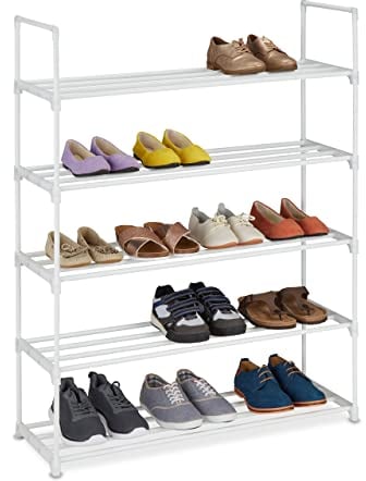 Relaxdays Schuhregal, 5 Ebenen, Stecksystem, 20 Paar Schuhe, Flur, erweiterbar, Metall & Kunststoff, Schuhablage, weiß