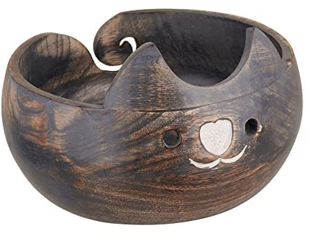 Eximious India Valentines Day Knitting Gift for Women Wooden Yarn Bowl Knitting Cat Bowl Large Crochet Yarn Holder YB2203 Handmade Crocheting Accessories and Supplies Organizer 7 x 3