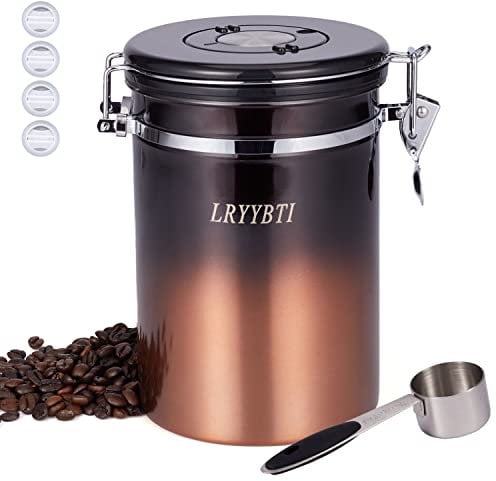LRYYBTI Kaffeedosen, luftdichter Edelstahl-Aufbewahrungsbehälter für Kaffeebohnen, mit Schaufel und Datumstracker und CO2-Auslöseventil, 625 ml, Kupfer