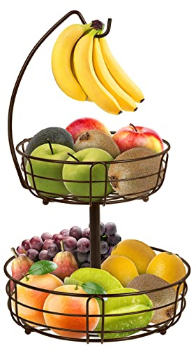 Fruit Racks, 2-Tier Fruit Basket with Banana Hanger – Detachable Fruit Bowls for Kitchen Countertop – Metal Wire Storage Basket for Storing & Organizing Fruit Vegetables Snacks Bread (Bronze)