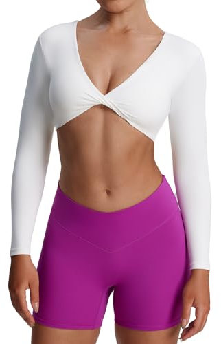 Aoxjox Long Sleeve Crop Tops for Women Sienna Twist Deep V Workout Cropped T Shirt Top, A White, XS