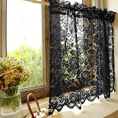 izielad Scheibengardinen Spitze Kurze Vorhänge Landhausstil Bistrogardinen Vorhänge Fenstervorhänge Türbehang mit Blumenmuste Wunderschön Dekoriert Dunkelblau BxH 150x60cm