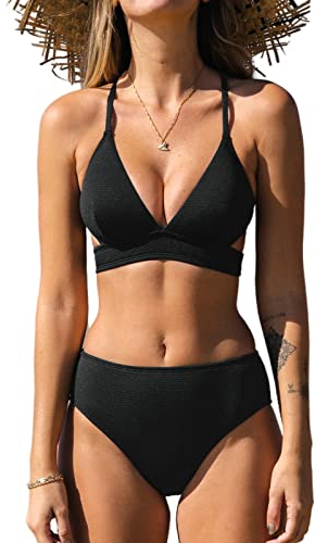 CUPSHE Damen Bikini Set V Ausschnitt Zierausschnitt Lace Up Mid Waist Bikini Bademode Zweiteiliger Badeanzug Swimsuit Schwarz M