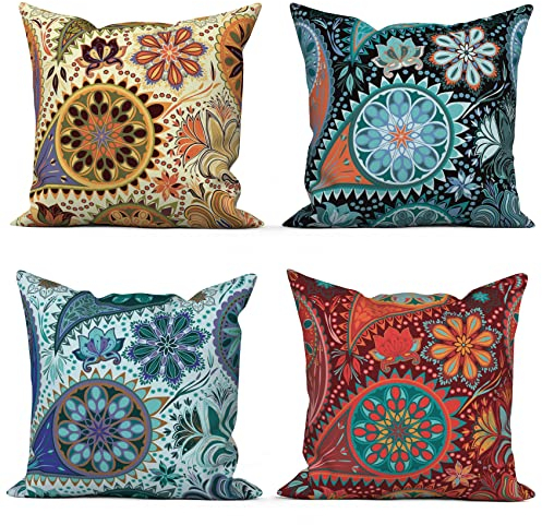 ASDCXZ Boho Kissenbezug 45x45 cm 4er Set, Boho Datura Blume Textur Muster Beige Blau Sofa Dekokissen Kissenbezüge Kissenhülle Waschbar Polyester Flachs Textil Polster Kopfkissenbezug Kissen Bezug