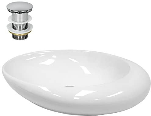 ECD Germany Waschbecken Waschtisch 585x375x145 mm aus Keramik Weiß inkl. Ablaufgarnitur für Waschbecken ohne Überlauf Aufsatzbecken Aufsatzwaschbecken Aufsatzwaschtisch Waschschale Spülbecken Becken