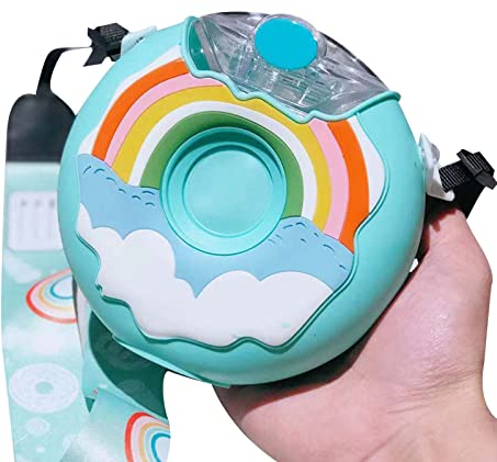 Cyrank Kawaii Water Bottles, 380ml Sports Water Bottle Portable Donut Shape Cute Water Bottle with Straw Leakproof Drinks Bottle with Shoulder Strap for School Gym Travel Picnic (Light Blue)