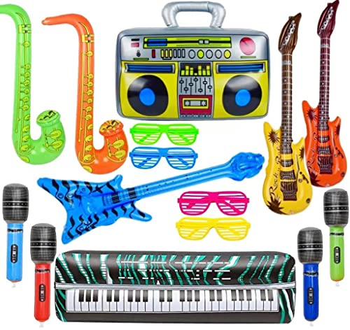 16 Stück Aufblasbare Rock Star Toy Set- Aufblasbare Party Props Saxophon Beth Mikrofon,Aufblasbare Gitarre Buntes Aufblasbare Instrumente Party Deko (Set-1)